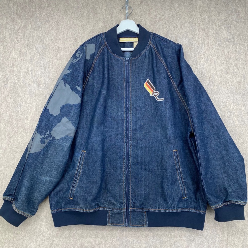 Rocawear Denim Bomber Jacket Blue World Map Logo Streetwear Full Zip